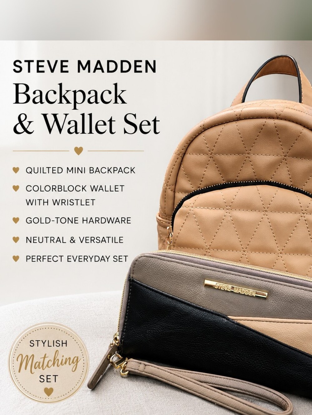Steve Madden Double Zip Wristlet Wallet & Quilted Mini Backpack Matching Set EUC